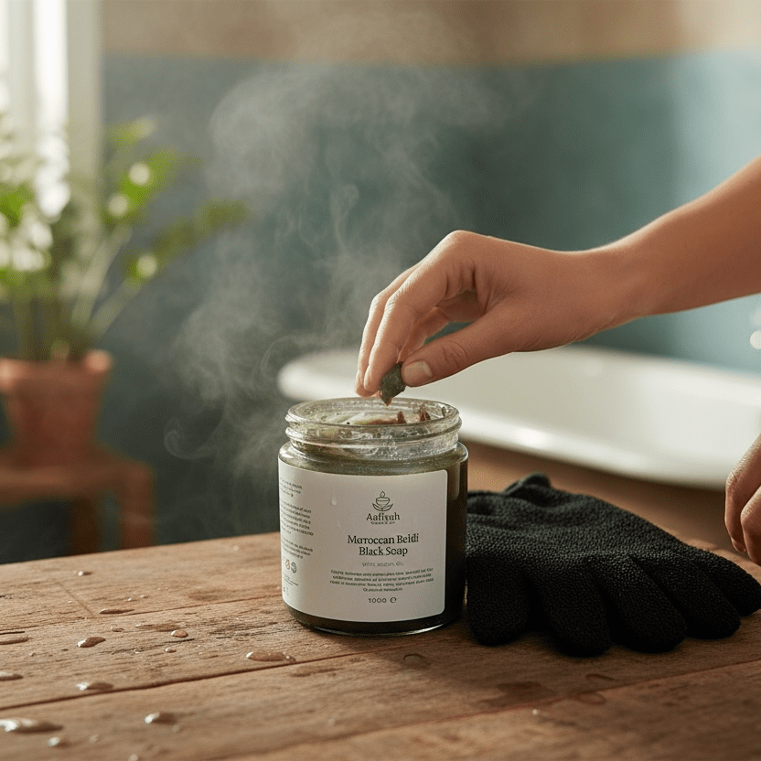 Authentic Moroccan Black Soap with Argan Oil - 100g - Aafiyah Wellness Clinic