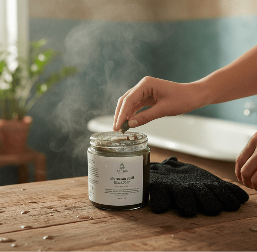 Authentic Moroccan Black Soap with Argan Oil - 100g - Aafiyah Wellness Clinic